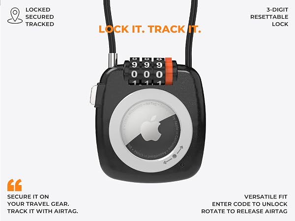 Hand holding black AirTag lock with combination cable for luggage and travel security.