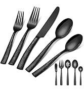 65-Piece Silverware Set with Serving Utensils, Ollex Durable Stainless Steel Black Hammered Flatw...
