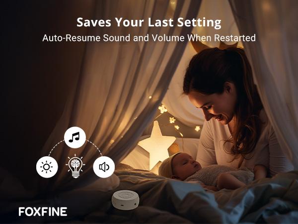 Child lies in his mother's arms with FOXFINE resuming previous sound before the last shutdown