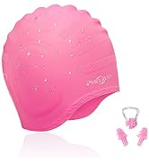 PHELRENA Swimming Cap Waterproof Premium Silicone Solid Long Hair Earmuffs Swim Cap Flexible Reve...