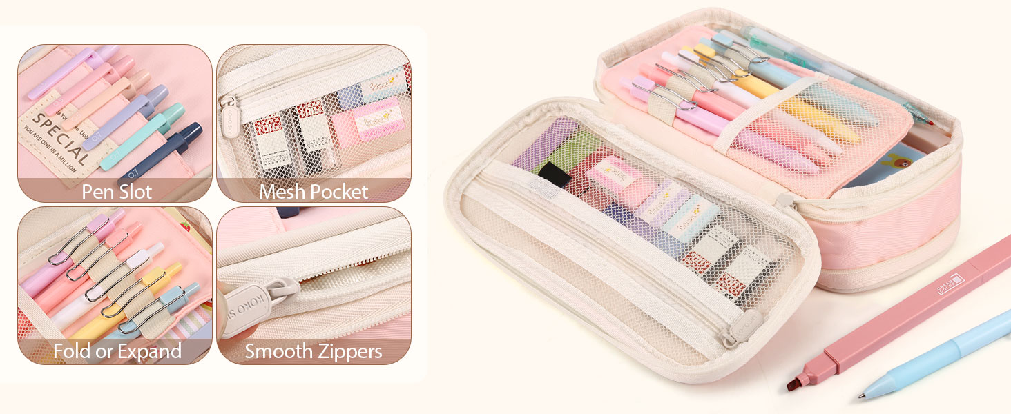 Pastel-colored pencil case with multiple compartments. Features mesh pockets, smooth zippers, and pen slots. Shown open and filled with colorful pens and pencils.