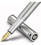 BEILUNER Luxury Fountain Pen Set, Solid 24K Gilded Fine Nib, Silver Stainless Steel Body- Include...