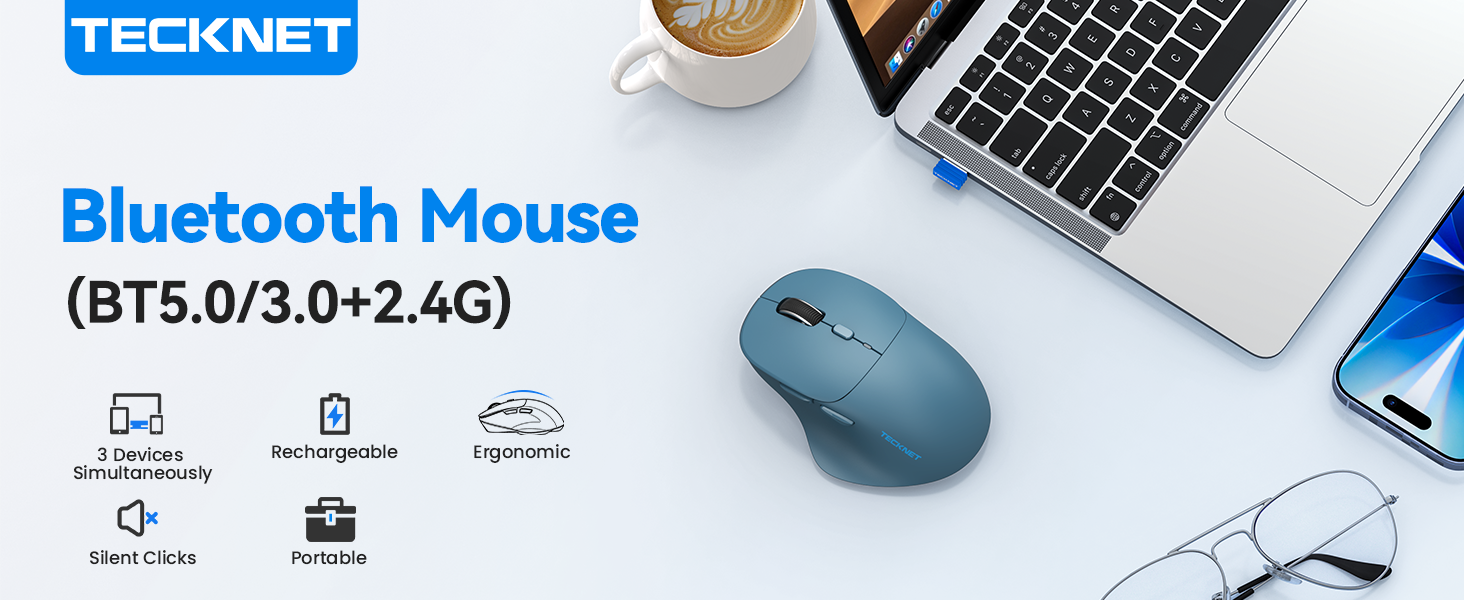 Text reads "TECKNET Bluetooth Mouse (BT5.0/3.0+2.4G)". Blue ergonomic wireless mouse displayed next to laptop keyboard on white background.