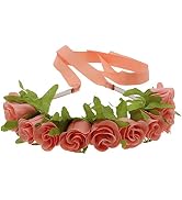 Small Rose Boho Floral Crown Flower Hair Wreath Headband with Ribbon - Peach