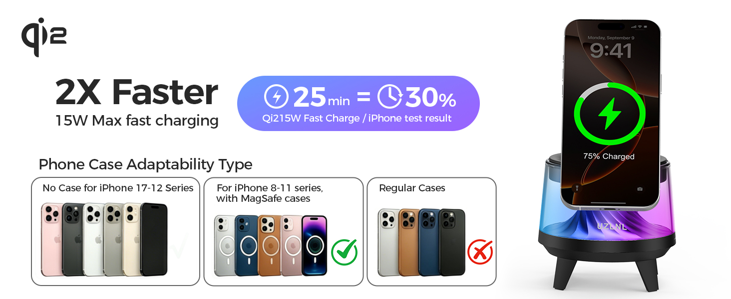 15W Qi2 fast wireless charger, 2x faster charging, compatible with MagSafe cases for iPhone