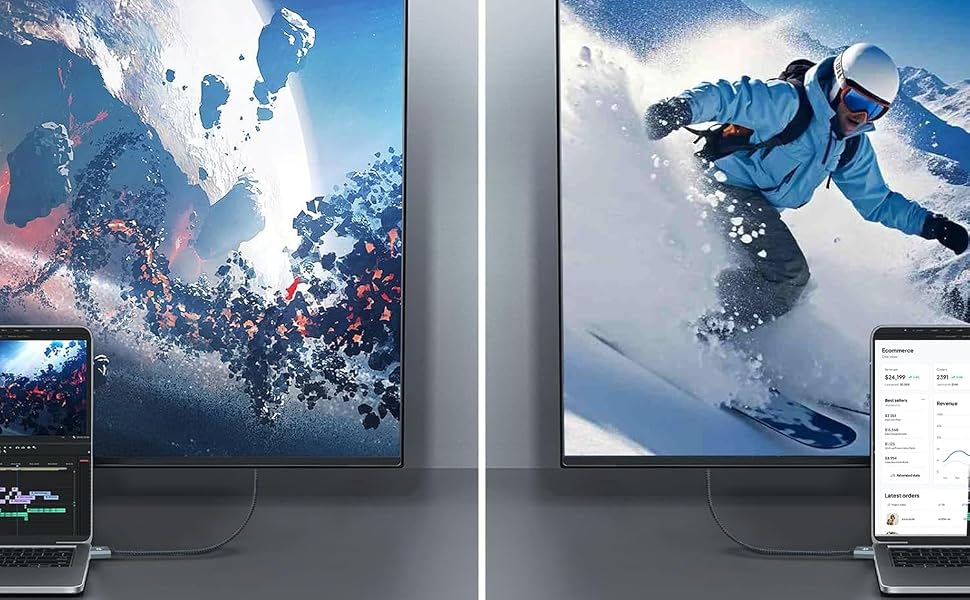 Text reads 'Two Models To Solve Different Needs', 'Mirror Mode', 'Extended Mode'. Sequence showing dual-screen display setup with winter sports footage, demonstrating different viewing configurations.