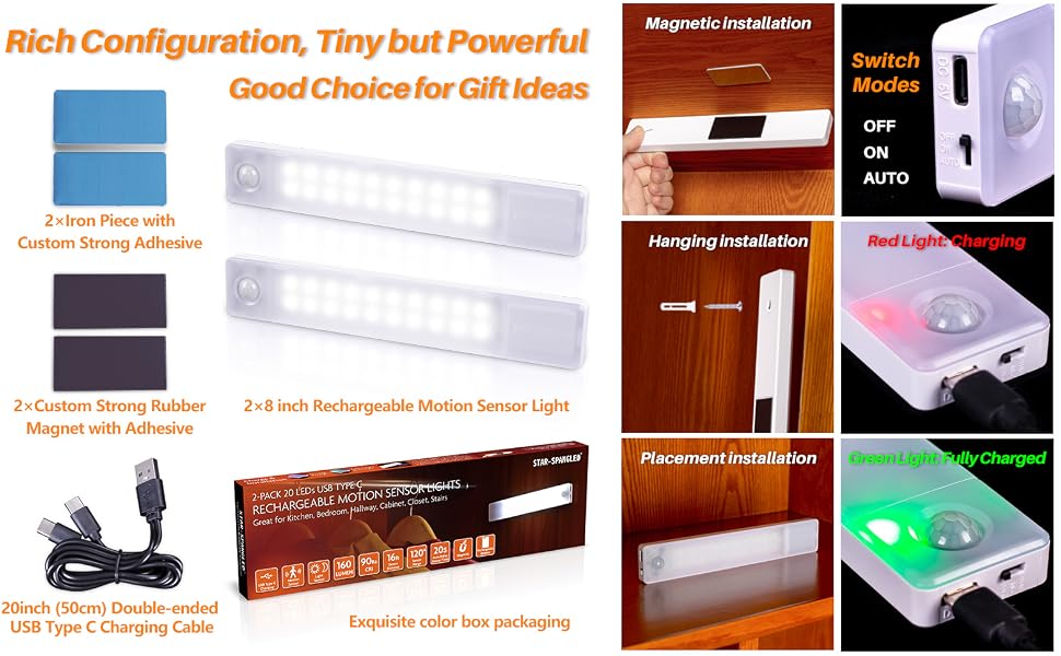 Under Cabinet Lights, Rechargeable Motion Sensor Light Indoor, Stick on LED Magnetic Closet Light