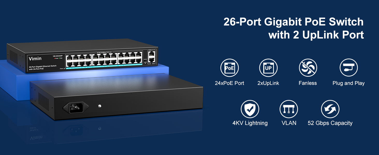 26 port gigabit poe switch with 2 uplink port