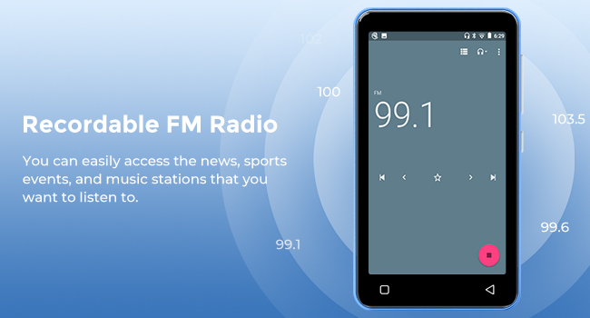 Smartphone screen displaying FM radio interface with frequency 99.1 shown, featuring blue gradient background.