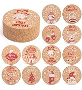 HAKSEN 12PCS Christmas Cork Coasters, 4Inch Cork Cup Mat Xmas Wooden Coasters for Xmas Party Home...