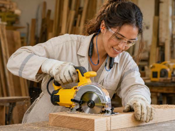 A woman doing woodworks while using HomeSpot Neckband