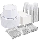 NOCCUR 700PCS Silver Plastic Plates Disposable for 100 Guests - Include 100 Dinner/Dessert White ...