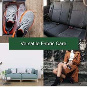 Text reads 'Versatile Fabric Care'. Multiple panels showing fabric cleaning demonstration on car seats and home furniture with close-up details of cleaning process.