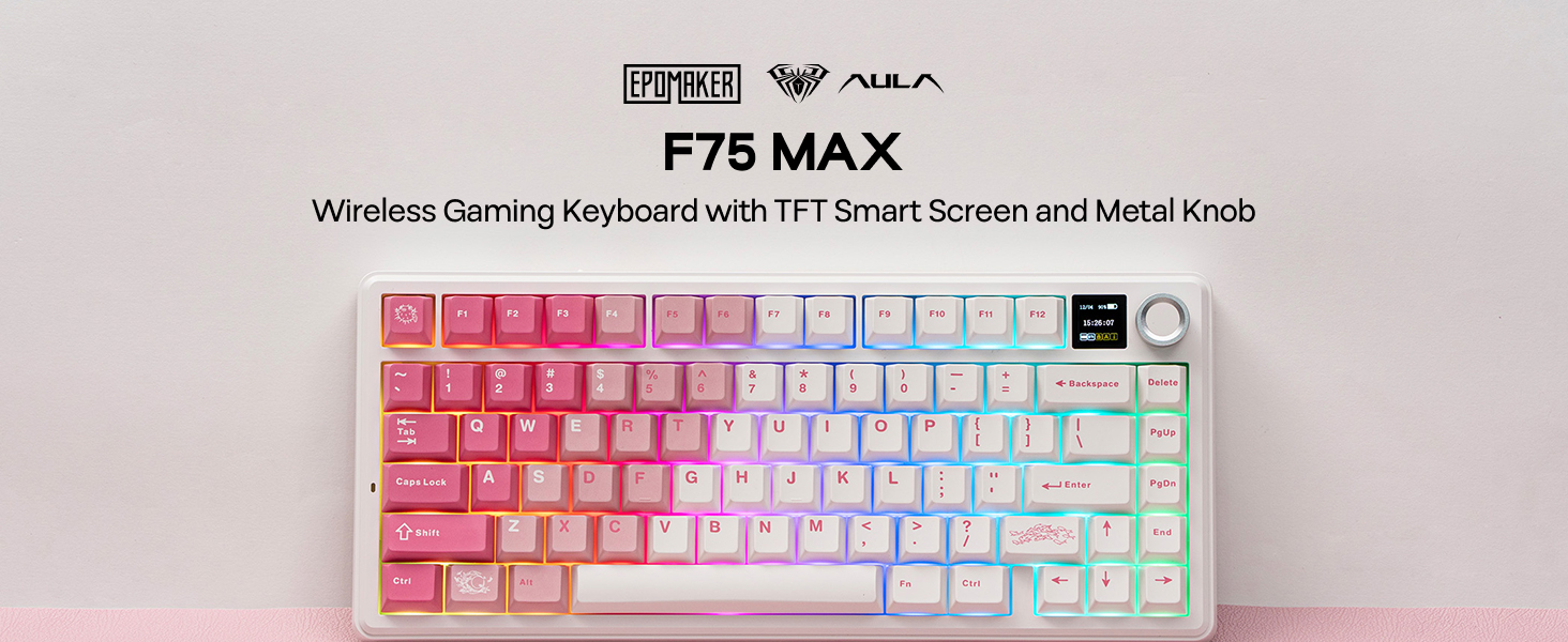 Text reads 'F75 MAX' - Series of images showing RGB mechanical keyboard with gradient pink and blue backlighting from multiple angles.
