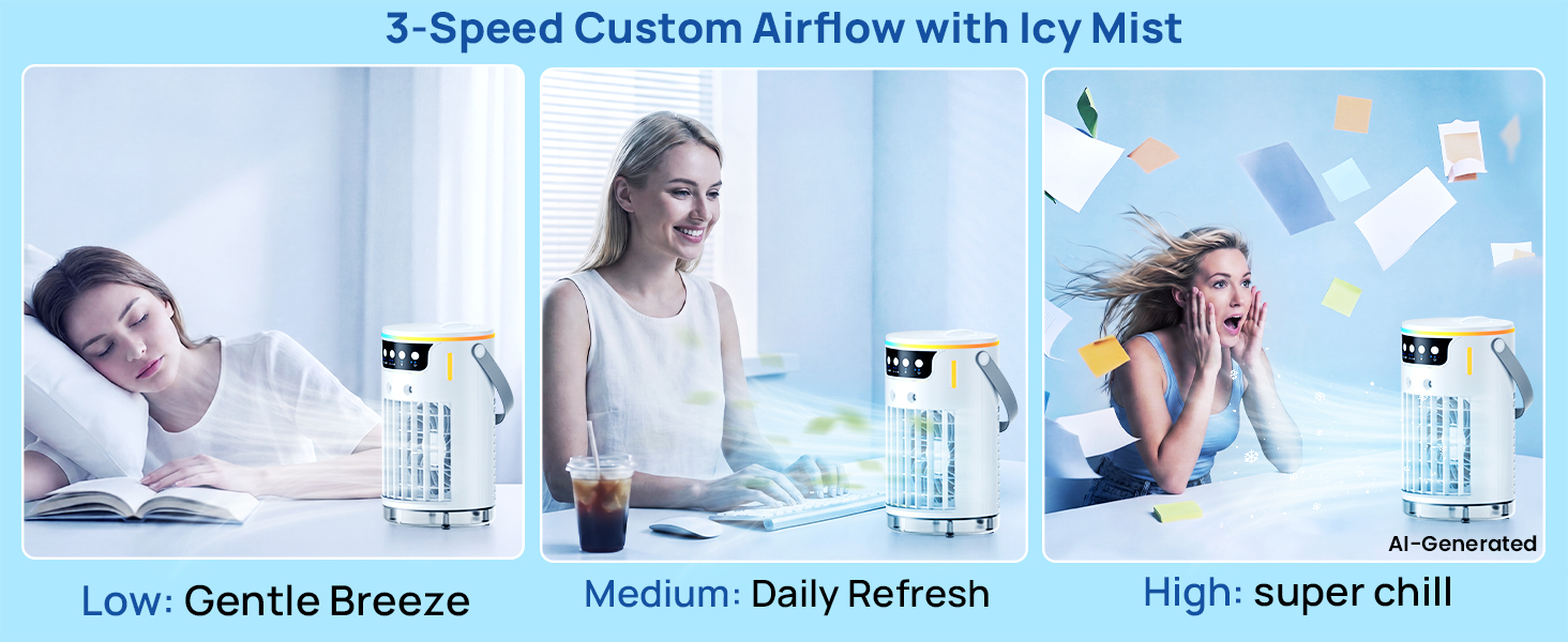 Customize your chill with this mini ac portable featuring low, medium, and high speeds