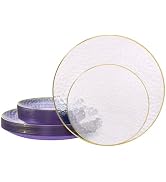 realluck 50 Pcs Clear Purple Plastic Plates with Gold Rim, Elegant Hammered Disposable Dinnerware...