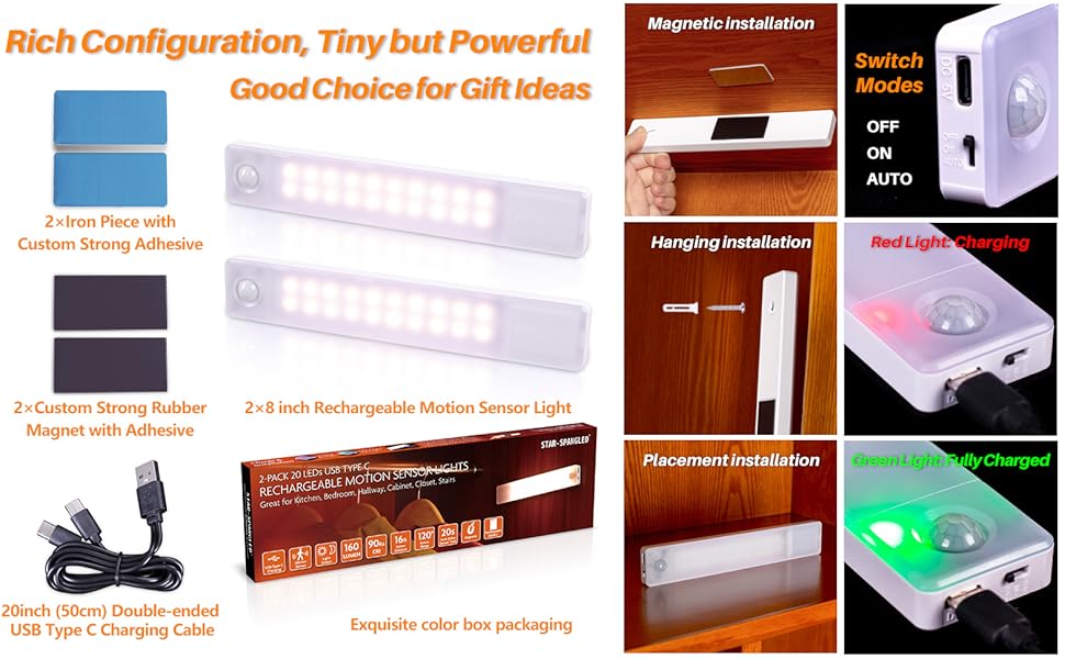Under Cabinet Lights, Rechargeable Motion Sensor Light Indoor, Stick on LED Magnetic Closet Light