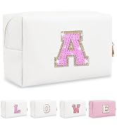 Small Initial Patch Makeup Bag Personalized Gifts Make Up Bag,White Cute PU Leather Glitter Lette...