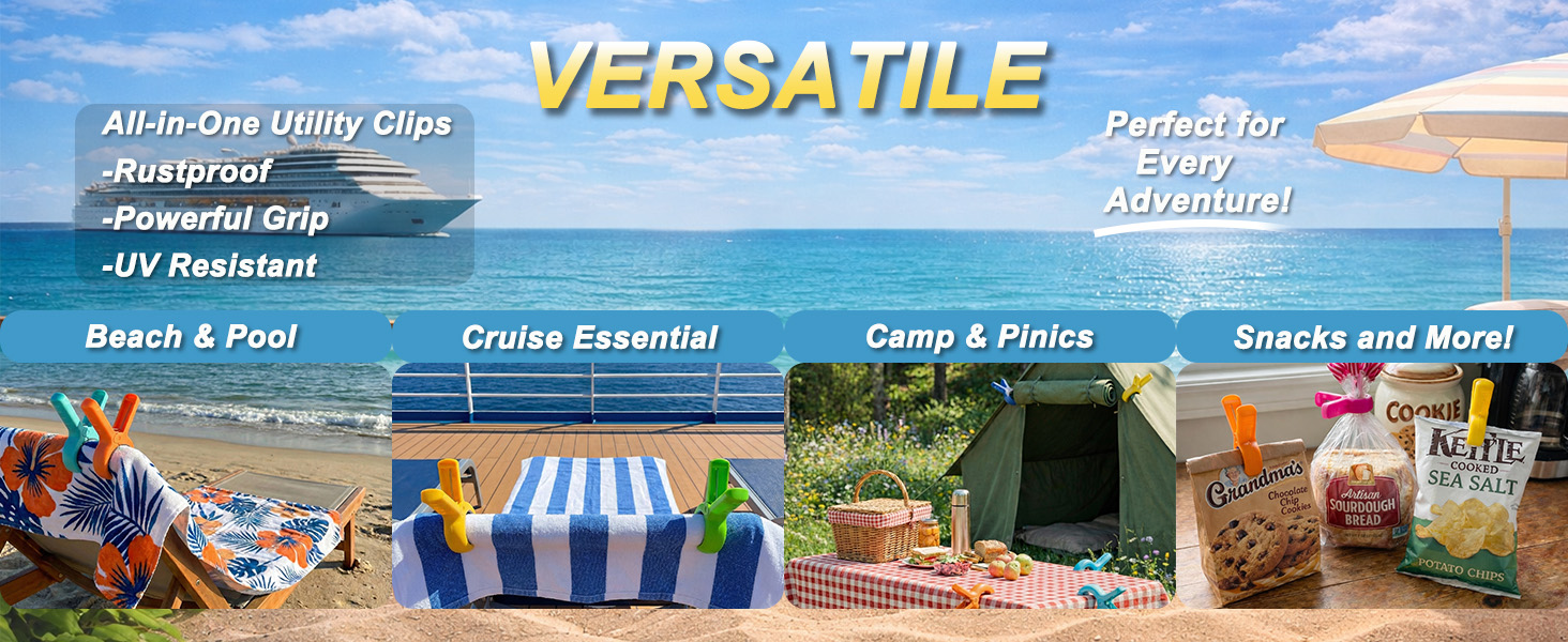 versatile clips for snacks/table clips, fort clips, cruise towel clips beach towel holders