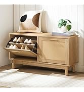 HOOBRO Rattan Shoe Bench, Entryway Bench with Storage, Shoe Rack Bench, 2 Flip Drawers, Shoe Cabi...