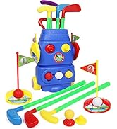 Kids Golf Set Golf Cart with Wheels | 4 Colorful Golf Clubs 3 Balls 2 Practice Holes with Flags &...