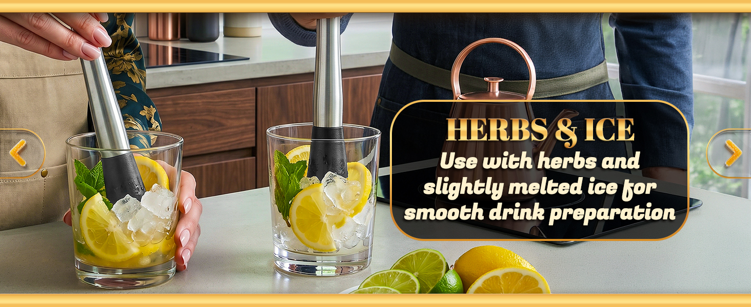 Stainless steel muddler with herbs, ice, and lemon for cocktails