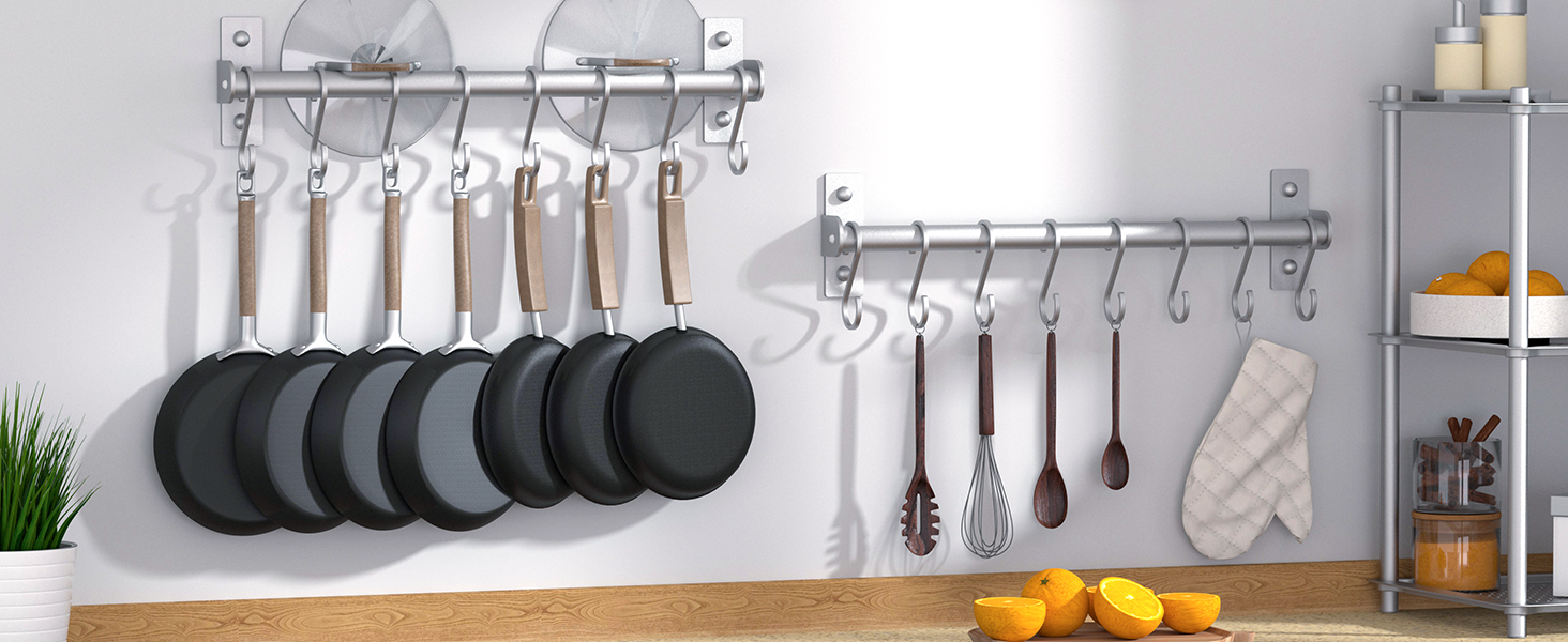 Dseap Kitchen Utensil Holder Hanger, Pot and Pan Rack wall mounted with 8 Hooks