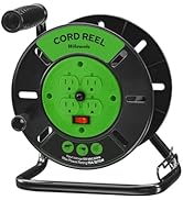 WILAWELS Extension Cord Storage Reel with 4-Grounded Outlets, 15A Circuit Breaker, Heavy Duty Ope...
