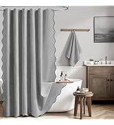 BTTN Grey Scalloped Shower Curtain, Gray Boho Linen Textured Fabric Shower Curtain Set with Plast...
