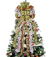 Christmas Tree Topper Wreath Bow Large Green Christmas Bow Tree Topper, Red Green Dot Polyester G...