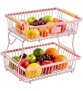 2 Tier Detachable Fruit Basket for Kitchen Counter with 2 Banana Hangers, Large Metal Fruit Bowl ...