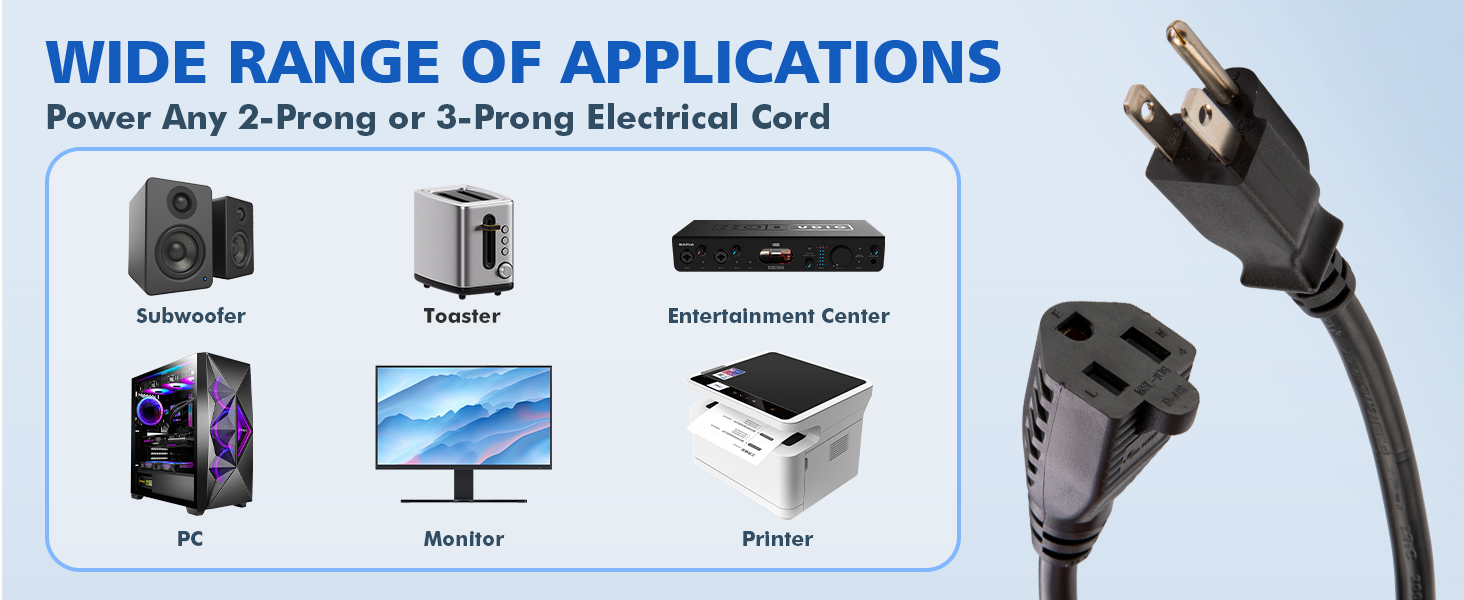 Wide Range of Applications Power Any 2-Prong or 3 Prong Electrical Cord