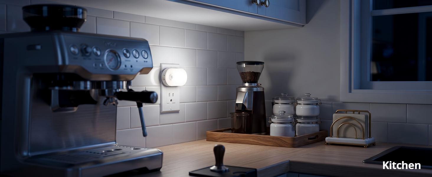 Dimmable plug-in night light illuminating a kitchen counter.