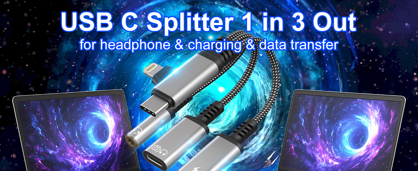 This is a usb c splitter 1 in 2 out with 3.5mm audio jack, usb c headphone power data jack