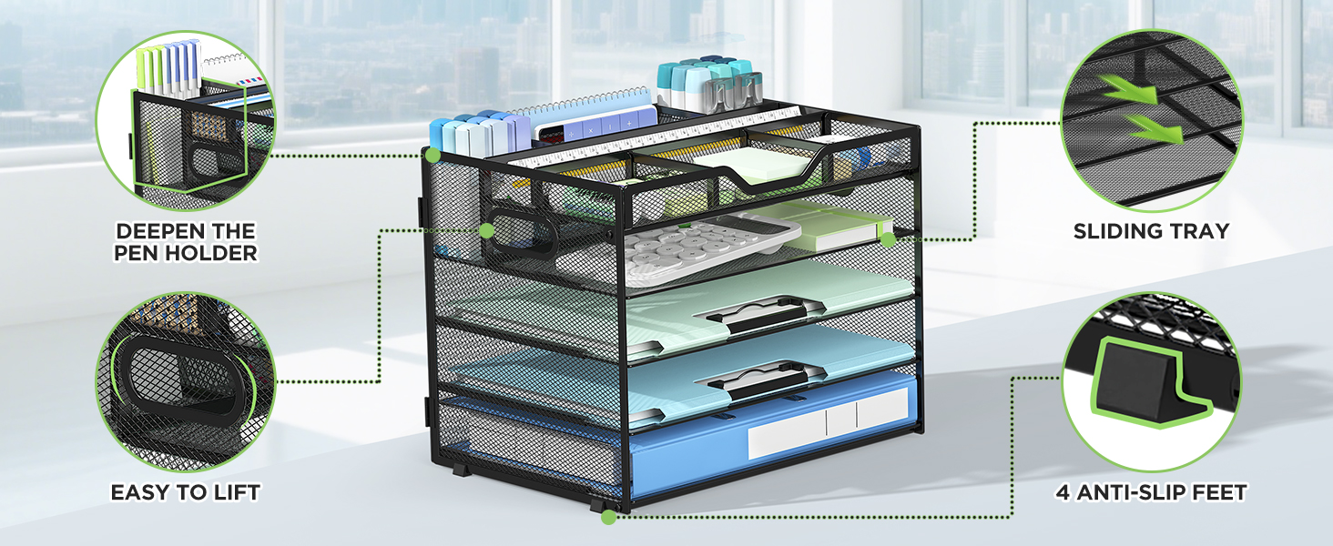 Deep Pen Holders, Sliding Trays & Anti-Slip Feet