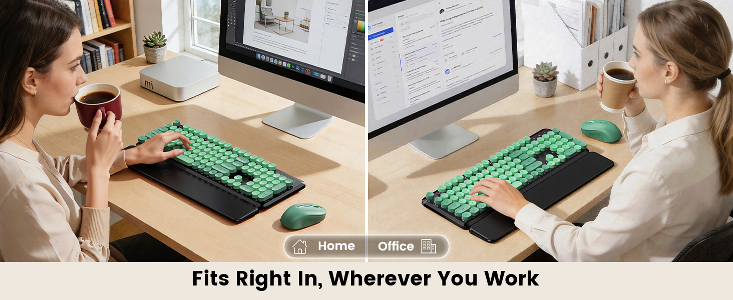 Green Black round-key keyboard and mouse with wrist rest used in home and office desk setups.