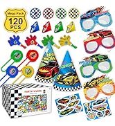 HonuGoGo 120-Piece Race Car Party Favor Set – Value Pack with Cone Hats, Paper Glasses, Disc Shoo...