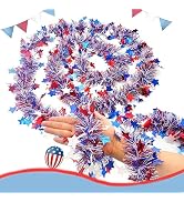 2026 4th of July Garland Decorations, 33Ft Glitter Tinsel Patriotic Decor, 250 Anniversary USA Me...