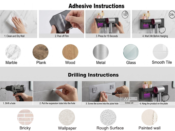 supports both no-drill adhesive installation and screw mounting for maximum flexibility