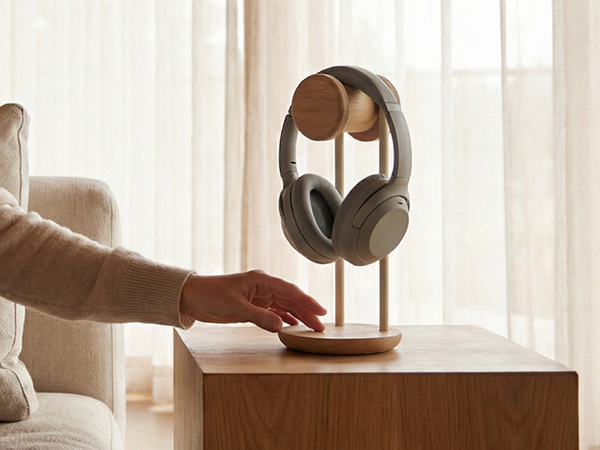 Over-ear headphones displayed on wooden stand near window with natural lighting. Hand reaching to adjust or interact with the headphone stand.