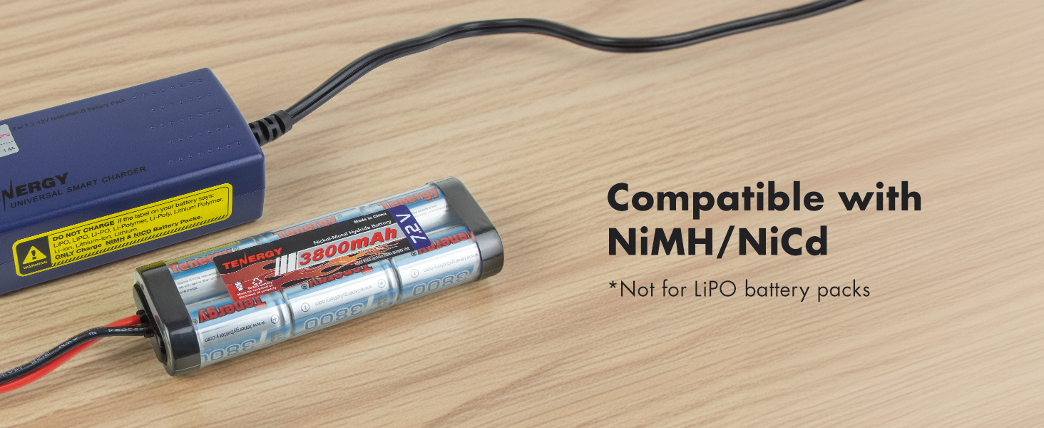 Compatible with nickle metal hydride and nickle cadmium battery packs, not compatible with lipo