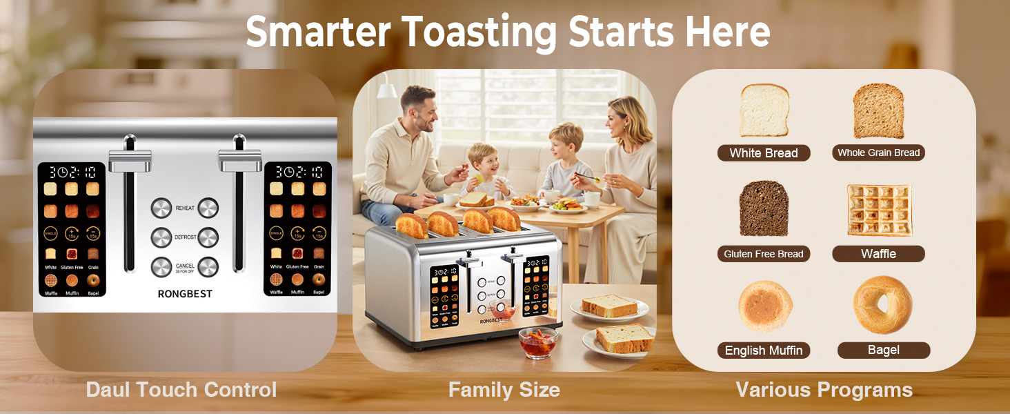 Touchscreen 4-slice toaster with 6 bread programs, dual control, ideal for family breakfasts.