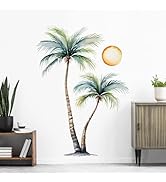 Tanlaby Large Palm Tree Wall Stickers Tropical Plants Wall Decals Watercolor Coconut Tree Sunset ...