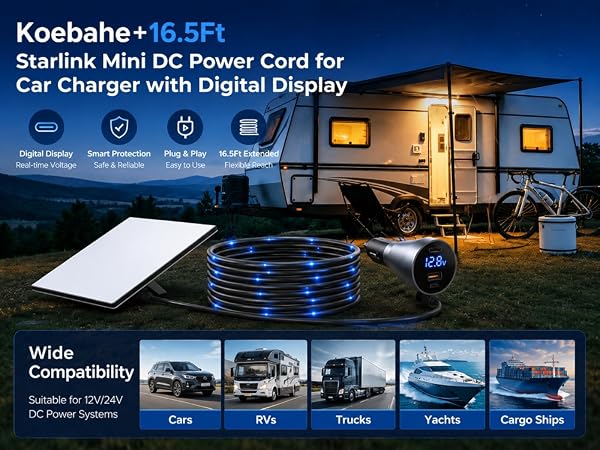 Starlink Mini DC power cord running from a modern RV trailer camper van at an outdoor campsite