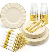 175 PCS Ivory white Plastic Dinnerware Set-Disposable Fancy Baroque Plates with Ivory white Rim H...