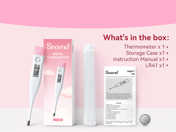 What's in the box: Thermometer x 1, Storage Case x1, Instruction Manual x1, LR41 x1