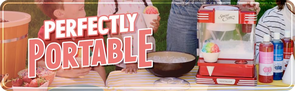 Perfectly Portable banner - snow cone machine sitting on picnic table with supplies