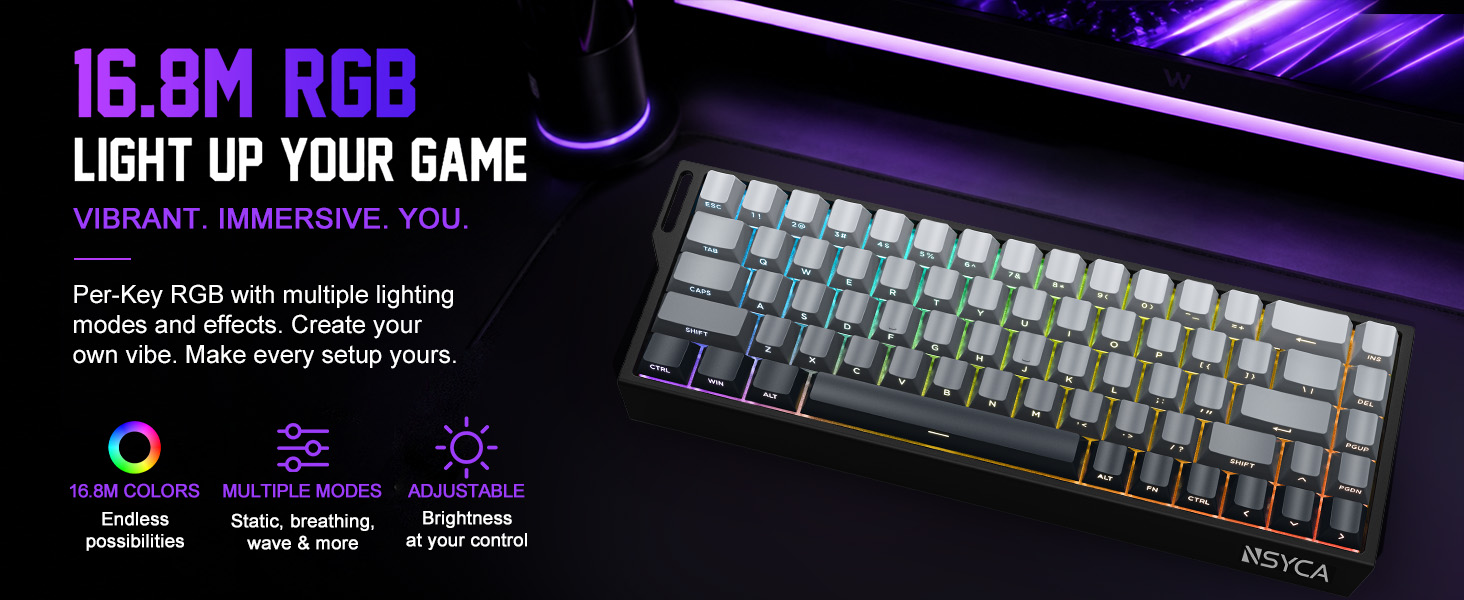 Compact 60% RGB gaming keyboard 16.8M customizable colors 14 backlit modes for PC gamer