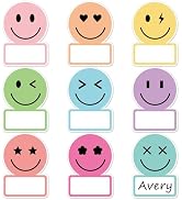 Whaline 135Pcs Pastel Smile Face Name Tag Stickers 9 Designs Nameplate Decals Cute Desk Name Labe...