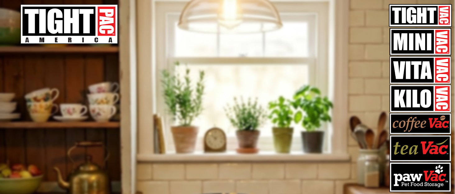 Tightpac airtight container family lined up on a kitchen counter with coffee, tea and spices